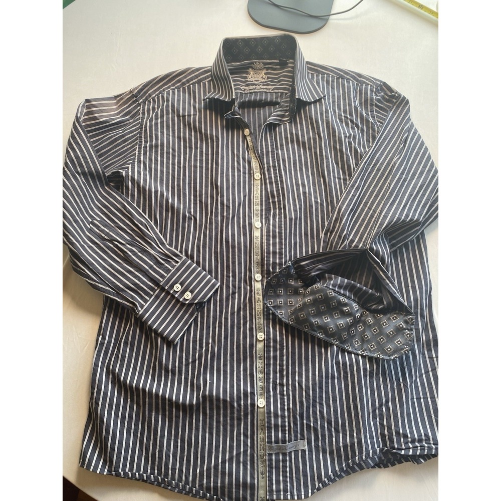 English Laundry Men's Striped Button Down Shirt 16.5 32/33 Black Gray Cotton
